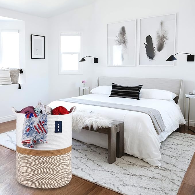 COMSE Extra Large Blanket Basket, Tall Woven Storage Basket, Nursery Hamper, 15.7”x 21.7”, Cotton Rope Laundry Hamper for Toys Clothes Towels, Blend White/Camel