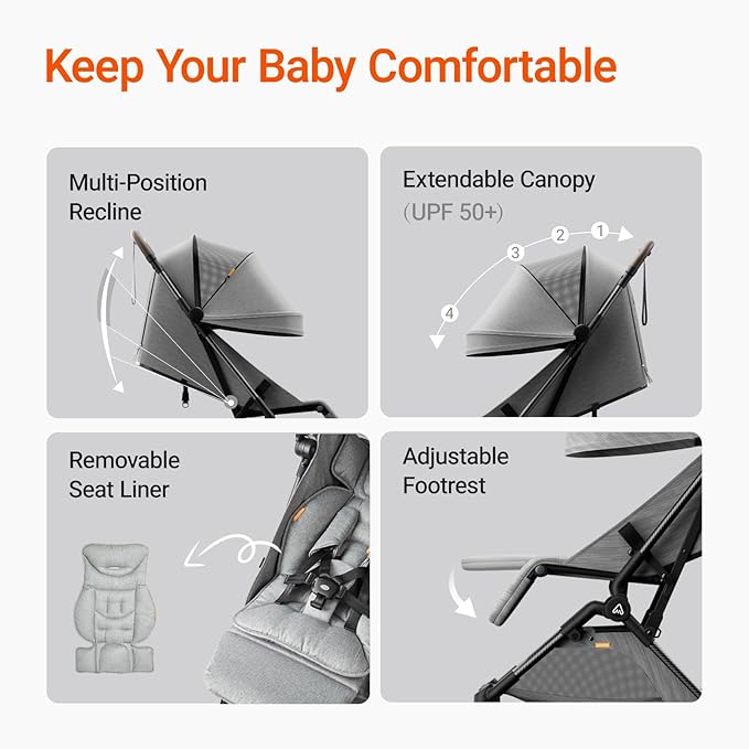 Lightweight Baby Travel Stroller with Carbon Fiber Frame, Compact & Airplane-Friendly, One-Handed Folding Design, 11.6 lbs, Perfect for Toddlers, Organizer & Cushion Included, Grey