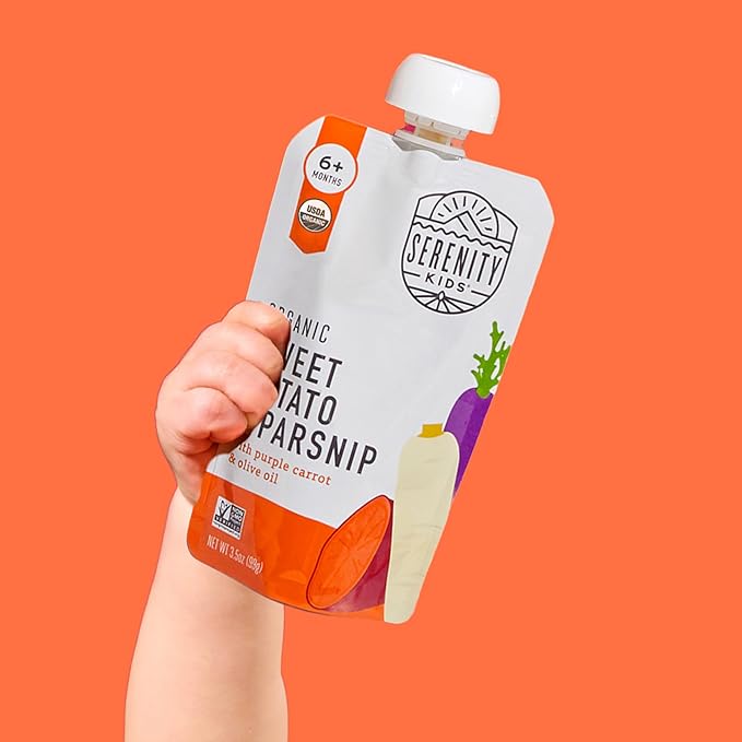 Serenity Kids 6+ Months Baby Food Pouches Veggie Puree - Sweet Potato & Parsnip - BPA-Free & USDA Organic Baby Food - No Added Sugar - Allergen Free - 3.5 Oz, 6 Pack