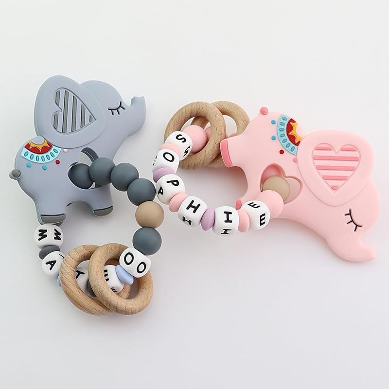 Personalized Baby Teether Rattle with Name – Custom Wooden Teething Toy for Boys & Girls – Handmade Elephant Keepsake Baby Shower Gift (Grey)