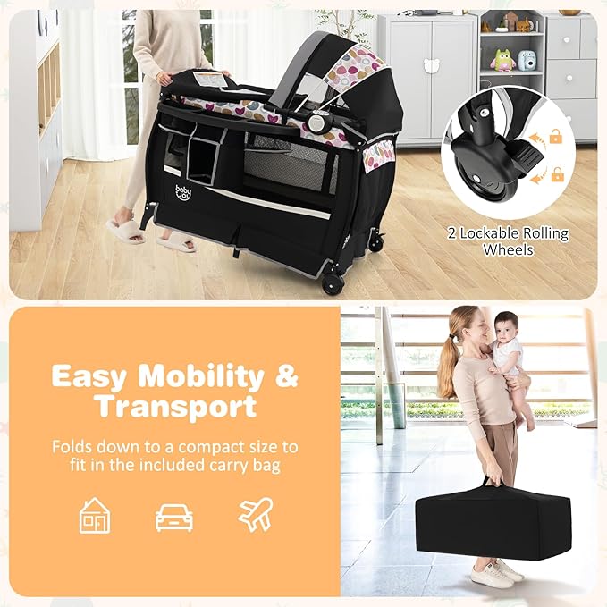 BABY JOY 4 in 1 Pack and Play, Portable Baby Playard with Bassinet & Flip-Away Changing Table, Canopy, Infant Bassinet with Storage Basket, Oxford Bag from Newborn to Toddlers (Circle)