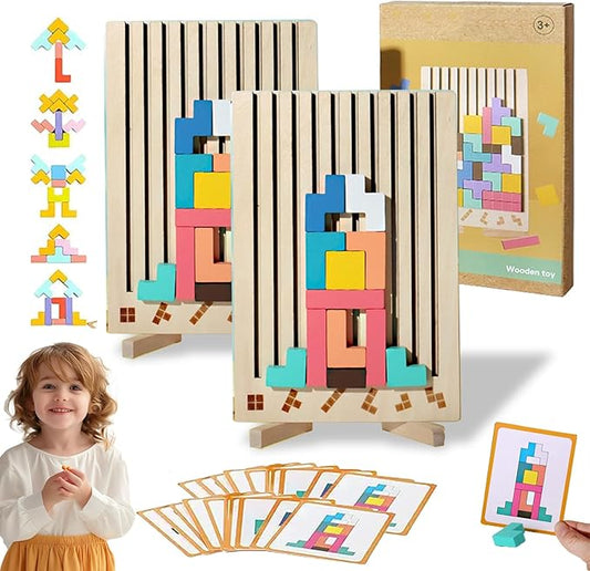 Wooden Stacking Puzzle Toy, 3D Wooden Montessori Brain Blocks, Interactive Educational Giant Russian Block Board Game for Kids Ages 3-6, Learning Toys for Family Activities & Home Decor (2PCS)