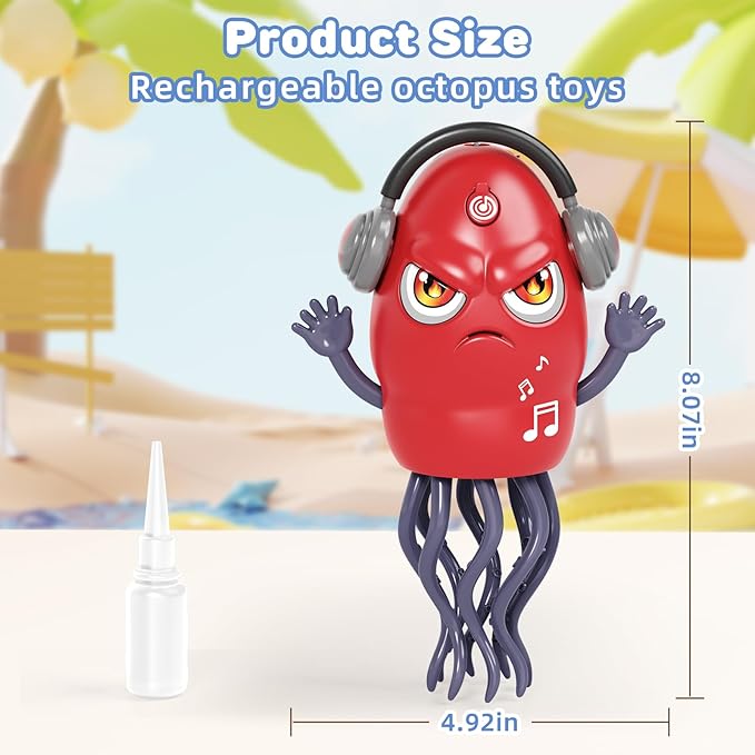Dancing Squid Toy with Spray, Dancing Octopus Crawling Toys with Music and Lights, Electric Crawling Octopus Baby Toy, Tummy Time Squid Toys, Birthday Baby Gifts Christmas Stocking Stuffers (Red)