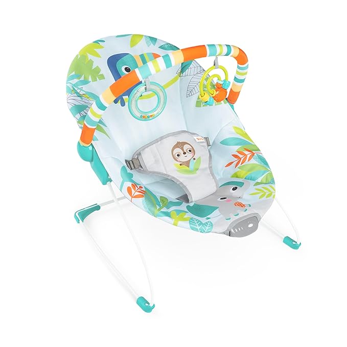 Bright Starts Baby Bouncer Soothing Vibrations Infant Seat - Removable -Toy Bar, Nonslip Feet, 0-6 Months Up to 20 lbs (Rainforest Vibes)