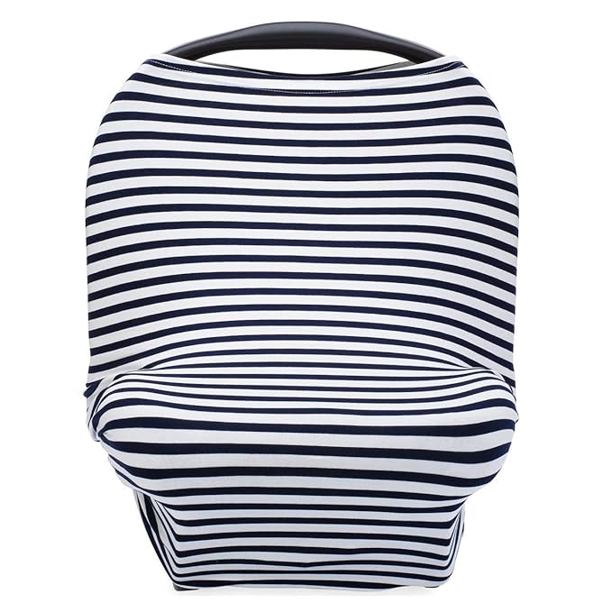 Parker Baby 4 in 1 Car Seat Cover for Boys - Stretchy Carseat Canopy, Nursing Cover, Grocery Cart Cover, High Chair Cover - Navy/White Stripes