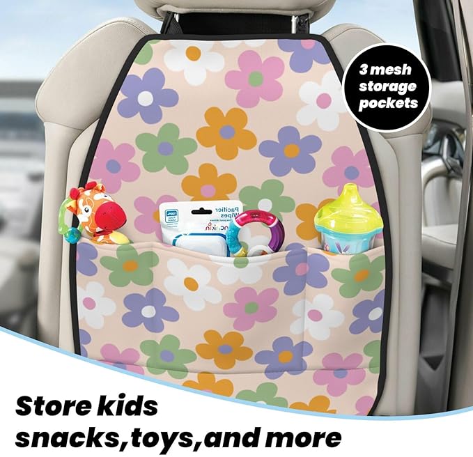 Cute Flowers Floral Car Seat Back Kick Protectors,2 Pack Kick Mats with Storage Pockets for Vehicles to Protect from Dirt, Mud & Scratches