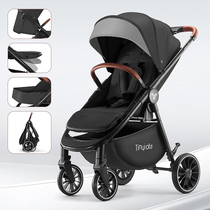 Tinyiota Baby Stroller, Infant Stroller with Large UPF 50+ Canopy,Luxury Pram Strollers with Leather Handle & Spacious Seat, One-Hand Foldable Pushchair, Toddler Carriage with Lie-Flat Mode(Black)