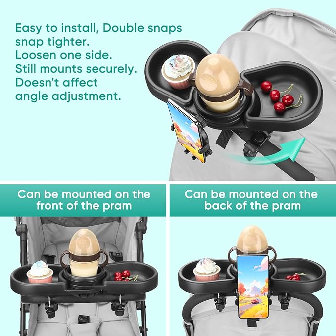 Universal Stroller Snack Tray, 4 in 1 Stroller Tray Attachment with Cups Phone Holder for Baby Toddler Stroller, 360° Rotation Universal Stroller Tray Compatible with Uppababy, Baby Jogger, etc