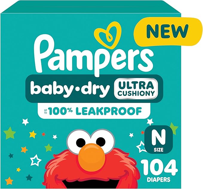 Pampers Diapers - Baby Dry - Size 0, 104 Count, Absorbent Disposable Newbort Diaper (Packaging May Vary)