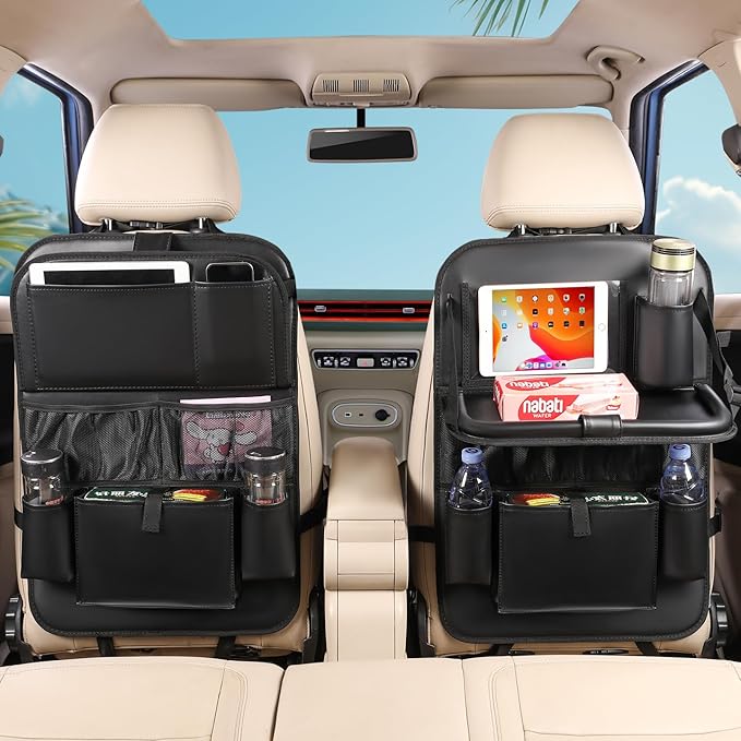 2PACK Leather Car Backseat Organizer with Tablet Holder - 9 Large Storage Pockets, Foldable Food Tray & Anti-Scratch Kick Mats - Universal Car Seat Protector for Kids, Pets & Travel Accessories