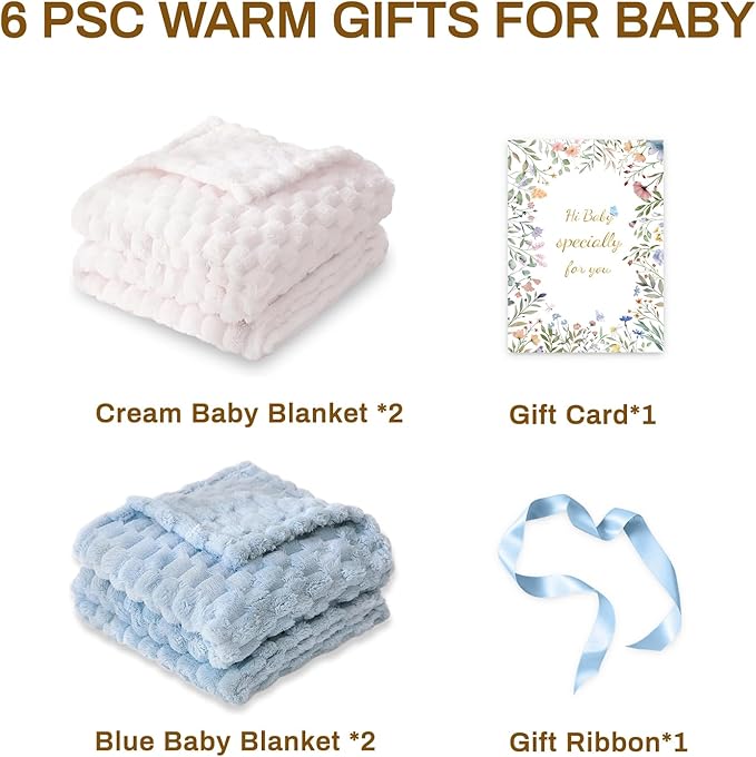 HOMRITAR 4 Pcs Baby Blanket for Unisex 3D Flannel Fleece Fluffy Blankets for Baby Soft Plush Breathable Bed Blanket for All Season Toddler Infant or Newborn 30 x 40 Inch (2 Pcs Blue, 2 Pcs Cream)