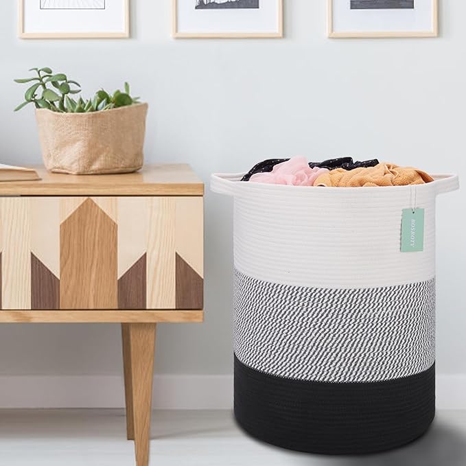 ﻿BOSROTY Large Laundry Hamper for Girls Boys Kids 72L, Nursery Hamper, Tall Laundry Basket, Cotton Rope Woven Blanket Basket for Storage Toys Clothes Towels, 16”x 22”, White & Gray & Black