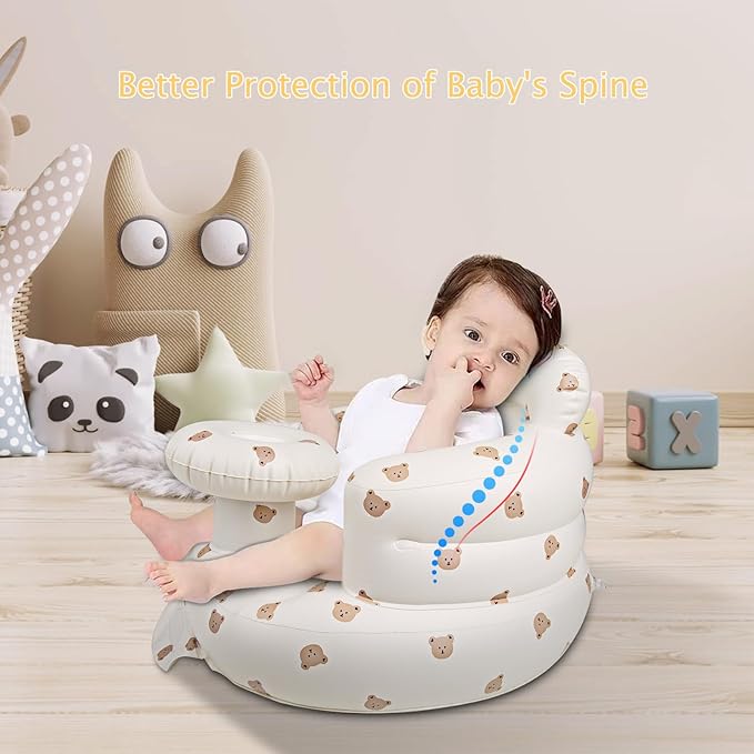 Inflatable Baby Chair with Tray for Babies 3 Months & Up, Blow Up Baby Seat with Built in Air Pump, Sit Me Up Floor Baby Seats for Infants for Sitting Up - Bear Head with Tray