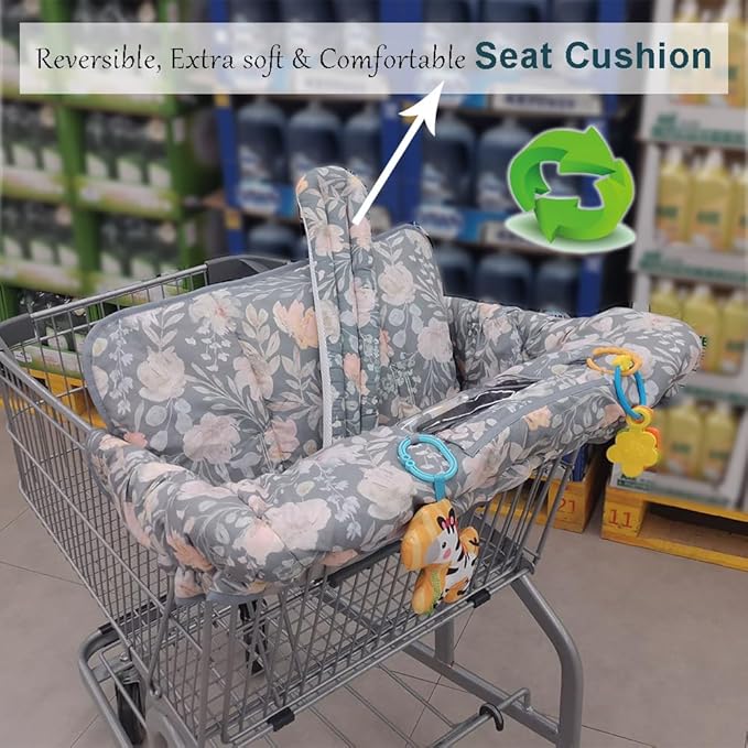ICOPUCA Shopping Cart Cover for Baby, 2 in 1 cart Cover for Babies N high Chair Cover, Padded Grocery cart seat Cover for Baby Girl boy, with 1” Thick/Removable/Reversible Cushion, Flowers;