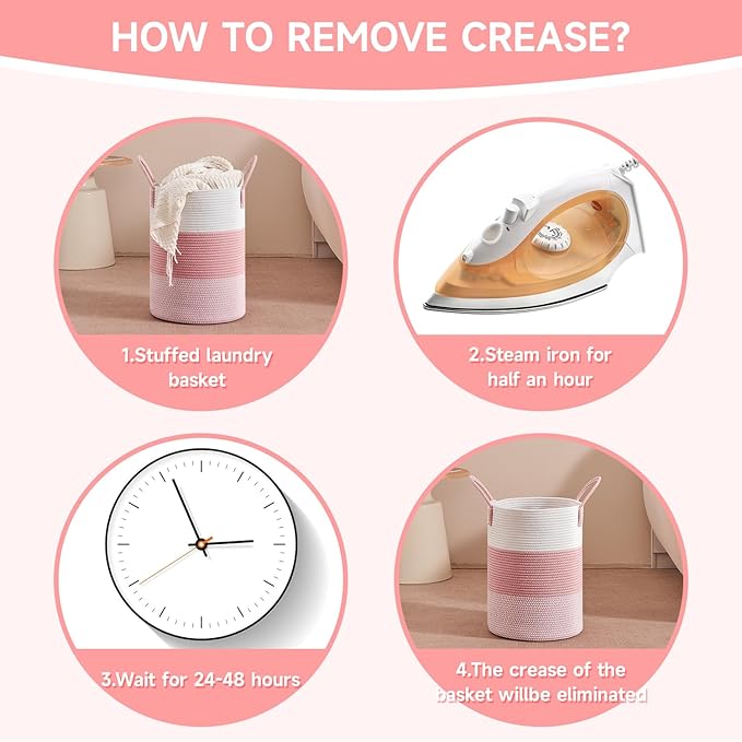 CLHMILY&Z 40L Laundry Basket Round Storage Rope Basket - 13x18 Inches - Pink Hamper in Bedreoom and Cute Storage Bin for Blankets, Toys, and Nursery Essentials