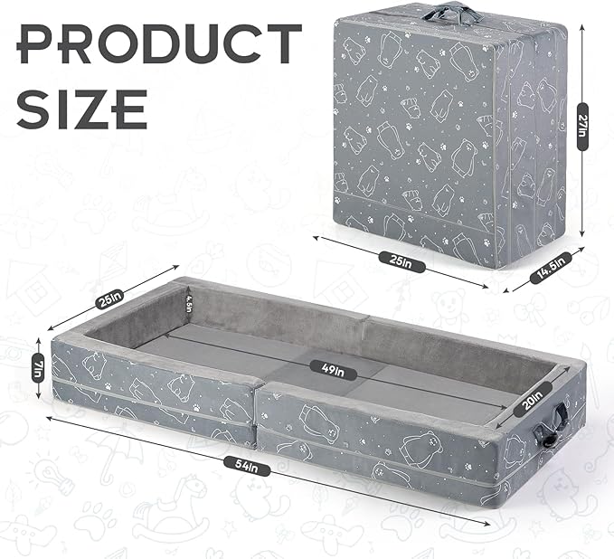 Portable Toddler Travel Bed – Foldable Soft Foam Floor Crib with Washable Cover, Built-in Safety Rails, No Assembly, Compact for Travel & Home Use, Grey