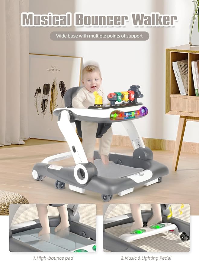 Music and Lights Baby Walker with Wheels, 6 in 1 Baby Activity Center w/Ergonomic backrest Design, Baby Walkers for Boys w/Foot Pads, Music Bouncer Walkers for Boys Girls Babies 6-18 Months, D Grey