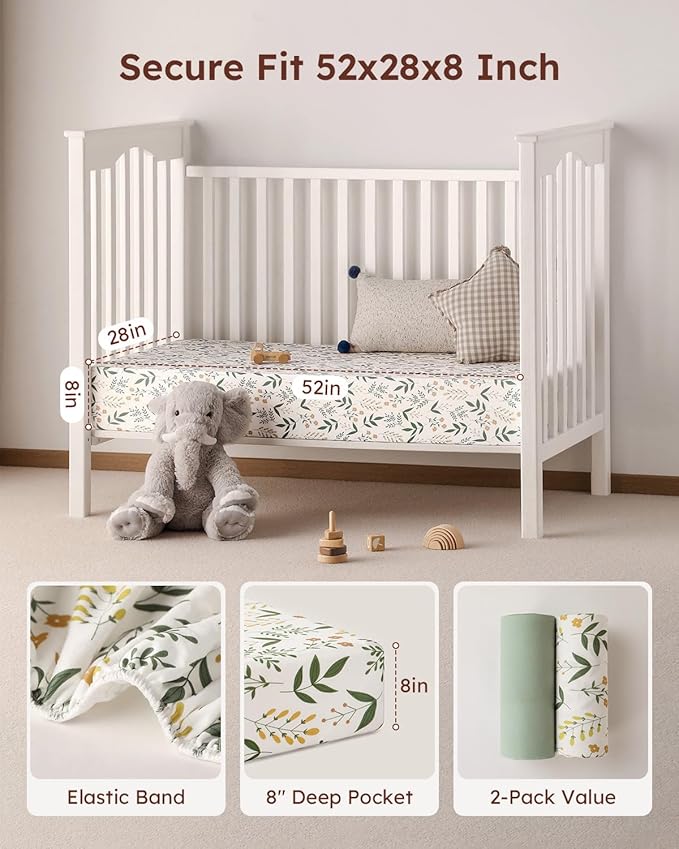 Yoofoss Baby Crib Sheets 2 Pack for Boys and Girls - 52x28 Fitted Crib Sheet Neutral Fits for Standard Crib and Toddler Mattress, Ultra Soft Breathable Microfiber Green Flower