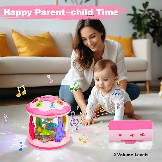 Baby Girl Toys 6-12 Months: Babies Ocean Rotating Light Up Musical Toys 12-18 Months Crawling Learning Infant Toy for Toddlers 1 2 3 Years Old Baby Girl (Pink)