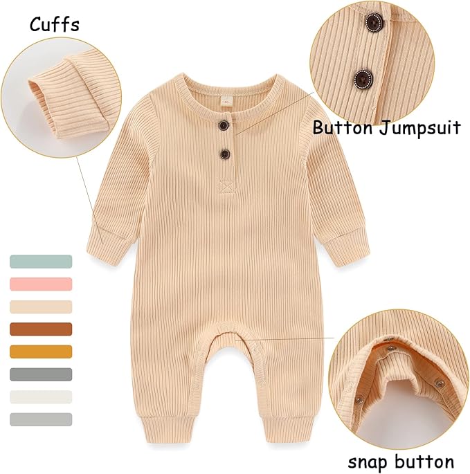 Newborn Baby Boys Girls One Piece Romper With Mitten Cuffs 3 Pack Long Sleeve Ribbed Button Jumpsuit Outfit Clothes