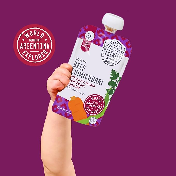 Serenity Kids 7+ Months Baby Food Puree Pouches Beef Chimichurri - Ethically Sourced Meat & Organic Veggies - BPA-Free Pouches - Toddler Food & Baby Snack - 3.5 Oz, 12 Pack