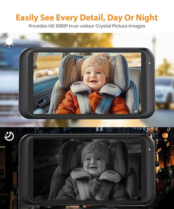 BV2 Baby Car Camera, 4.5'' HD 1080P USB Rear-Facing Mirror, IR Night Vision, 360° Adjustable, Plug & Play Backup Monitor for Child & Pet Safety