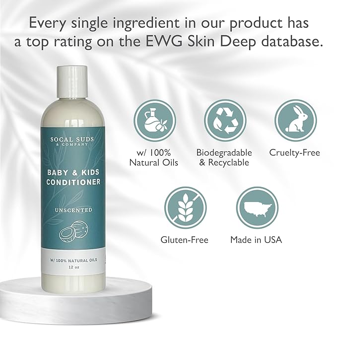SoCal Suds & Company - Organic Baby & Kids Conditioner - Gentle Natural Ingredients, Vitamin Rich Organic Oils for Babies and Kids Sensitive Scalp - Fragrance Free, 12oz - 2 Pack