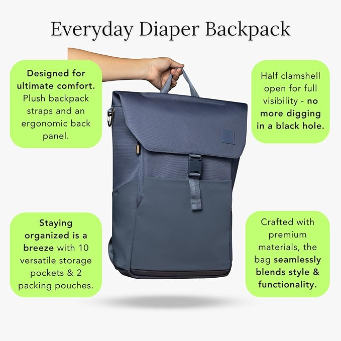 Huhu Diaper Bag Backpack – Large Baby Bag for Moms & Dads – Water-Resistant, Unisex Travel Kit for New Parents – Includes Changing Pad and 2 Organizer Pouches (Dusky Blue)