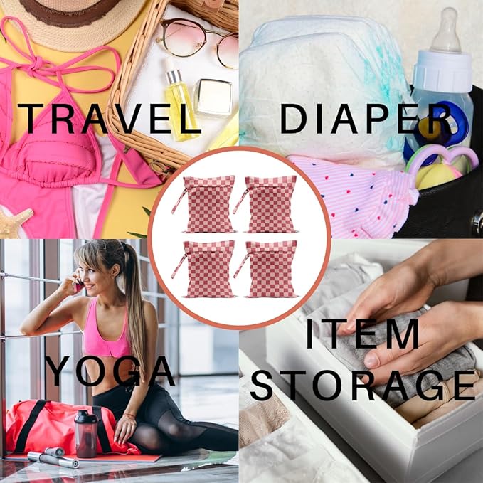 4 Pack Cute Wet Bag Waterproof Washable Reusable Wet Dry Bag for Swimsuit Clothes Cloth Diaper Travel Beach Pool Yoga Gym Birthday Party Camping Toiletries Travel Beach Essentials, Pink Checkered