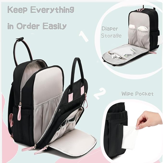 18 Pockets Diaper Bag Backpack with Waterproof Pockets and Stroller Buckle, Convertible Tote Bag (Pink, Large)