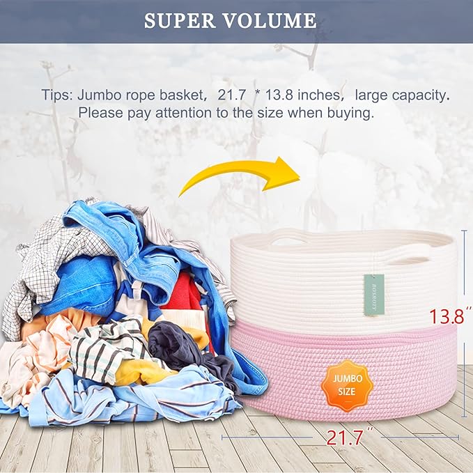Extra Large Cotton Rope Basket For Girls Kids 87L, Nursery Hamper, Large Laundry Basket , Nursery Bin, Laundry Hamper Organizer for Storage Toys Blankets Clothes, 22”x 14”, Blend White & Pink