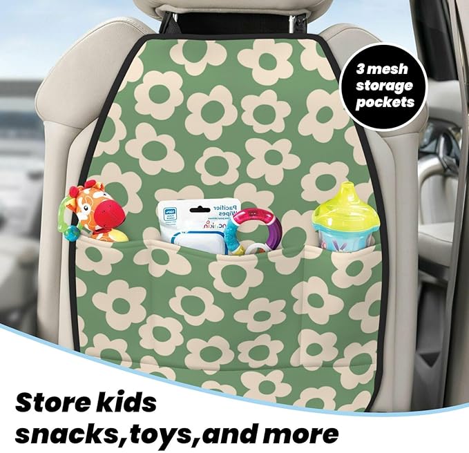 Vintage Groovy Flowers Car Kick Mats Back Seat Protector 2 Pack Auto Seat Back Covers with 3 Organizer Travel Accessories Universal Vehicle Interior from Dirt, Mud