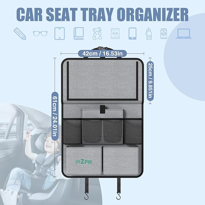 Car Backseat Organizer with Tablet Holder,11 Storage Pockets with Foldable Food Tray, Protector Kick Mats for Kids, Travel Accessories Organizer (Gray, 2Pack)