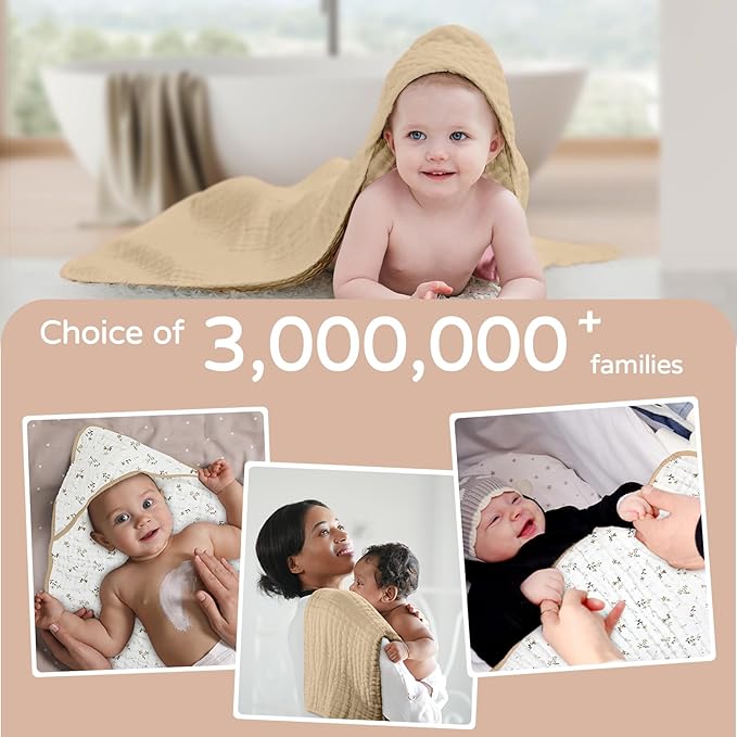 Yoofoss Hooded Baby Towels for Newborn 2 Pack 100% Muslin Organic Cotton Baby Bath Towel with Hood for Babies, Infant, Toddler and Kids, 32x32Inch, Soft and Absorbent Newborn Essential, Beige Floral