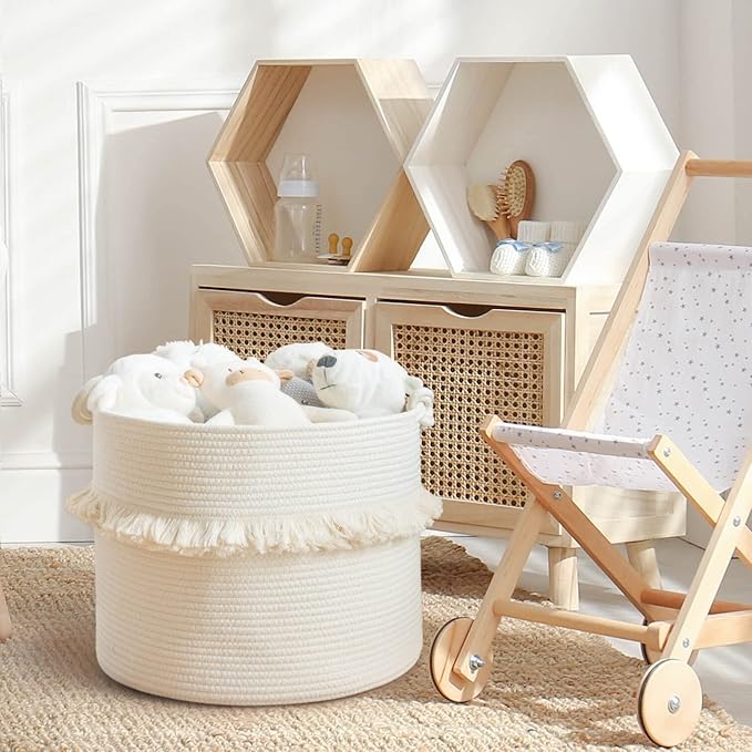 CherryNow Large Woven Storage Baskets – 16'' x 13'' Cotton Rope Decorative Hamper for Nursery, Toys, Blankets, and Laundry, Cute Tassel Nursery Decor - Home Storage Container Off-white