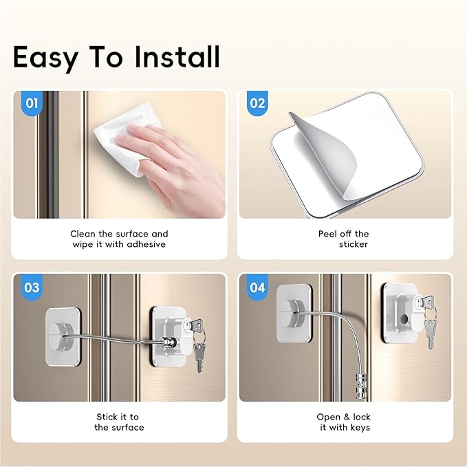 2 Pack Refrigerator Door Lock, Child Proof Fridge Door Lock for Kitchen Freezer, Cabinets and Drawers, Air Oven Air Fryer, Closets, Windows, Doors-No Tools Need or Drill (Patent) (2 pcs Lock White)