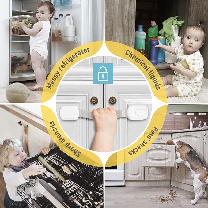 4our Kiddies 10 Pack Baby Proof Cabinet Latches, Childproof Drawer Latches with 6 Extra 3M Adhesives, Adjustable Child Safety Cabinet Strap Locks, Baby Drawer Locks for Kids and Child Safety