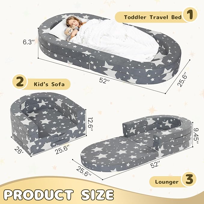 Travel Toddler Bed, 3-in-1 Portable Foldable Toddler Chair,Soft Foam Floor Bed Lounger with Washable Cover,Star