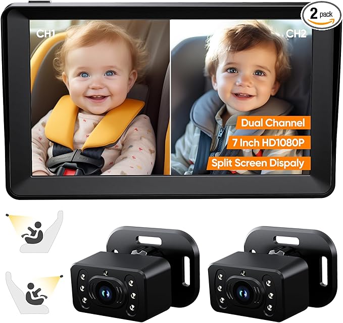 Baby Car Camera for 2 Kids - 7 Inch HD1080P Split Screen Baby Monitor with Dual Backseat Camera 150° Wide View & 360° Rotatable, Night Vision Easy Install, Rear-Facing Baby Car Mirror