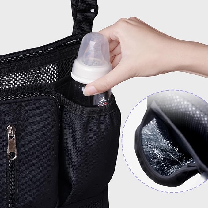 SUNVENO 2-in-1 Universal Stroller Organizer, Insulated Cup Holders, Zippered Phone/Wristlet Pocket, Side Sling Mesh Cargo, Adjustable Non-Slip Straps, Fits Most & Umbrella Strollers, Black