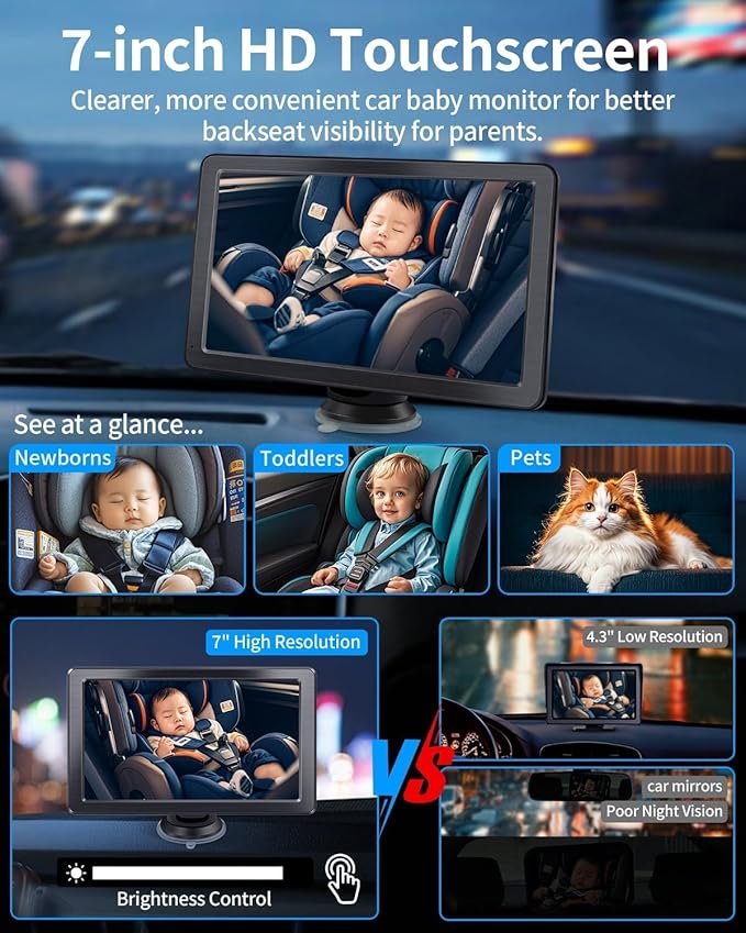 1296p Full HD Baby Car Camera, Car Baby Monitor with 7" Touchscreen, CarPlay, No-Glow Night Vision, 150° Wide Angle, Live Rear Seat View, Easy Installation, Fits Most Cars
