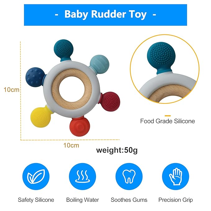 Baby Teething Toys Silicone Teethers BPA Free Silicone Rudder with Wooden Ring Soothe Babies Gums (Rainbow)