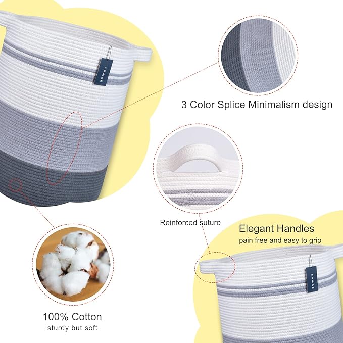 COMSE Extra Large Blanket Basket, Tall Laundry Basket, Nursery Hamper, 15.7”x 21.7”, Cotton Rope Woven Laundry Hamper for Storage Toys Clothes Towels, Gradient Gray