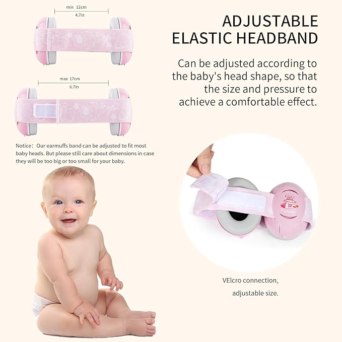 LYSIAN Pink Baby Ear Muffs Noise Cancelling with Elastic Headband, Baby Headphones Earmuffs for Infant Hearing Protection Sleeping, Nap, Travel, Games, Festival