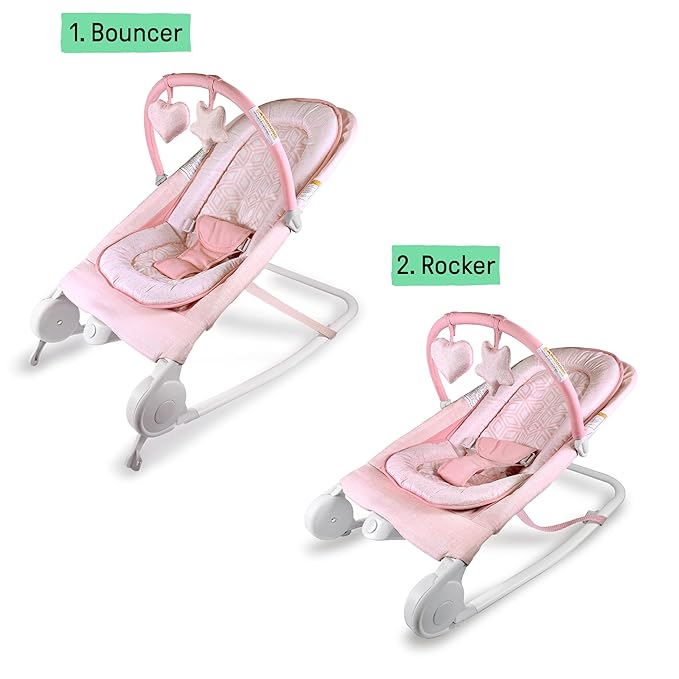 Summer Infant 2-in-1 Bouncer & Rocker Duo (Pink) Convenient and Portable Rocker and Bouncer for Babies Includes Soft Toys and Soothing Vibrations