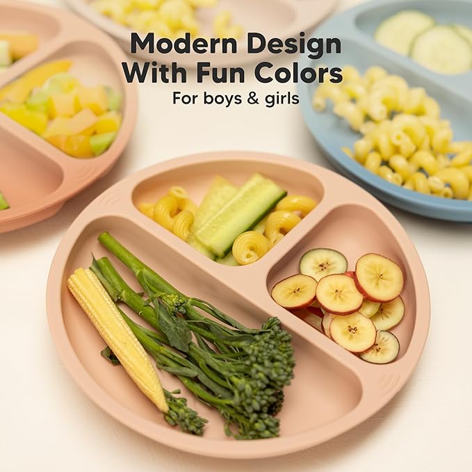 KeaBabies Suction Plates for Baby, Toddler - 3-Pack 100% Silicone Toddler Plates with Suction, Divided, BPA-Free Baby Led Weaning Essentials for Kids, Dishwasher, Microwave Safe, Durable (Quantum)