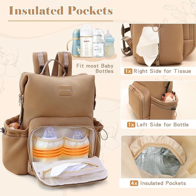 miss fong Diaper Bag Backpack - Baby Diaper Bag Neoprene Bag Large Capacity Neoprene Backpack with Diaper Changing Pad Travel Diaper Backpack Baby Backpack with 12 Pockets for Mom & Dad -Brown