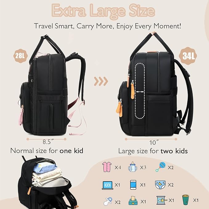 18 Pockets Diaper Bag Backpack with Waterproof Pockets and Stroller Buckle, Convertible Tote Bag (XL Black, Extra Large)