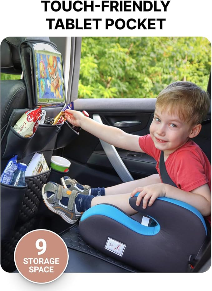 Owleys Back of Seat Organizer for Kids with Transparent Tablet Pocket & 8 Compartments | 27.5"x18.5" | Black Travel Accessory for SUV, Truck, Sedan, Van, Jeep