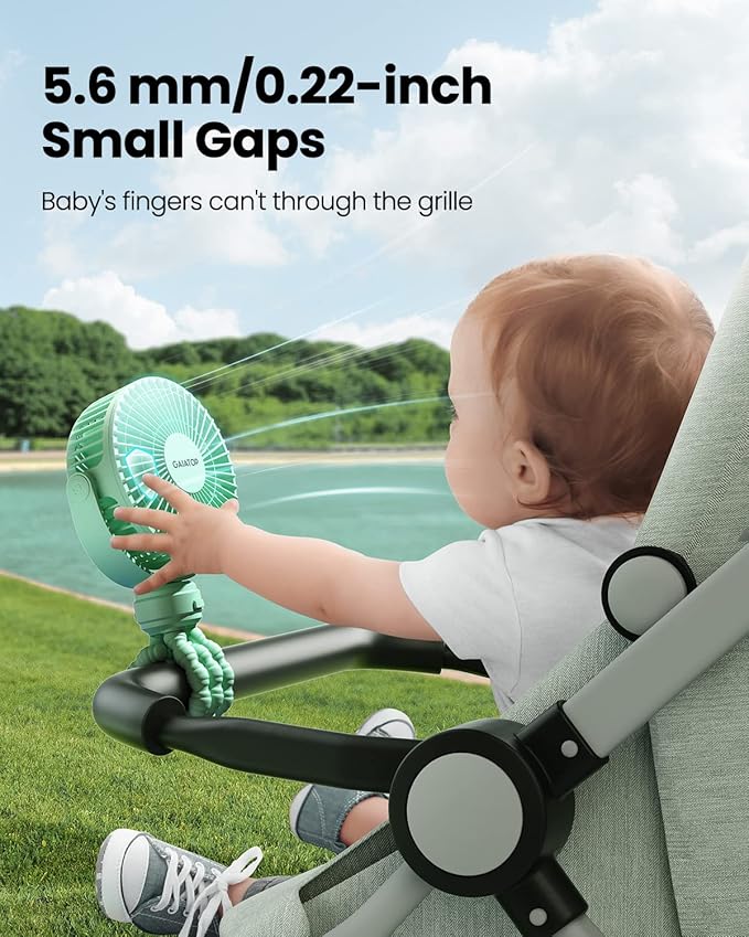 Gaiatop Mini Portable Stroller Fan, Battery Operated Small Clip on, Detachable 3 Speed Rechargeable, 360° Rotate Flexible Tripod Better Cooling for Car Seat Crib Treadmill Travel Green